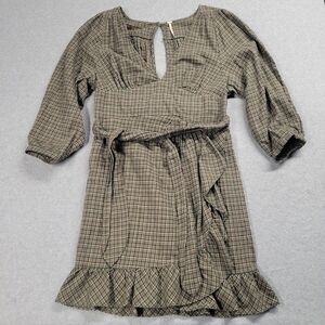 Free People Dress Womens 6 Mini 3/4 Sleeve Green Plaid V Neck Wrap Boho